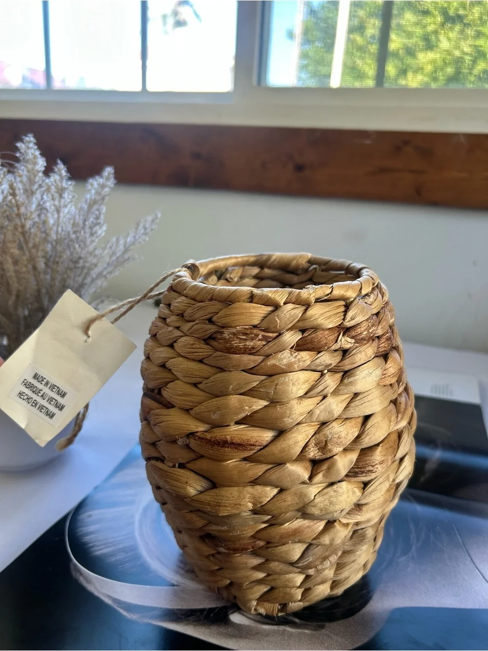 Natural Woven Accent Vase - Brown Small Rattan Vase for Flowers, Rustic Deco